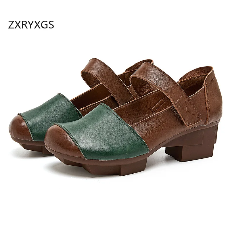 ZXRYXGS Top Cowhide Splicing Spell Colors Women Leather Shoes Woman New Thick Mid Heels 2026 Real Leather Elegant Fashion Shoes