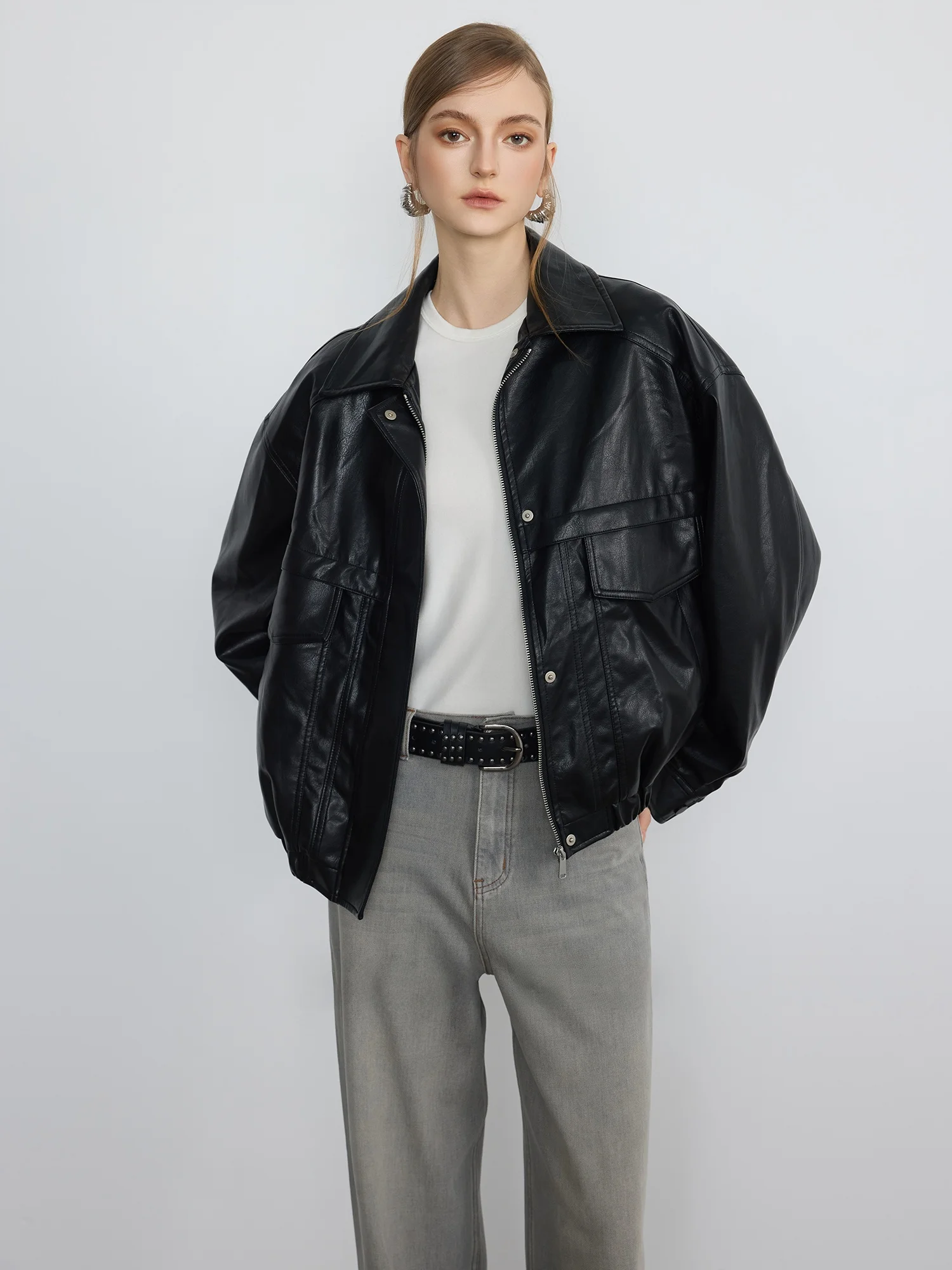 Giacca Classica Retrò da Moto da Donna con Spalle Scivolate, Texture Opaca, Stile Semplice, Maniche Lunghe, in Pelle PU