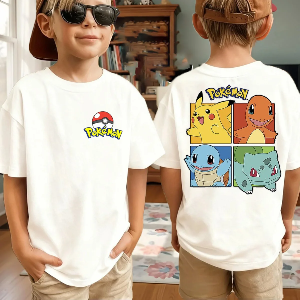 Sommer-Pokémon-Anime-T-Shirts für Jungen, kurzärmeliges Oberteil aus reiner Baumwolle, lässig, geeignet für Jungen und Mädchen, Eltern-Kind-Outfits.