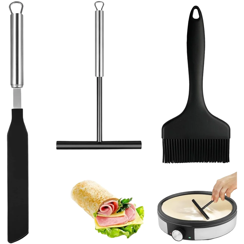 3Piece Crepe Spatula and Distributor Set for Pancakes Tortillas NonStick Silicone and Stainless Steel Easy Clean