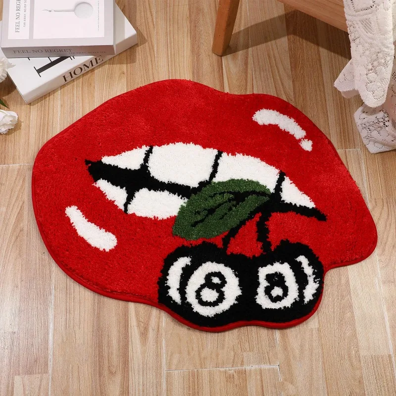 

Comfort Plush Red Lips Cherry Design Non-Slip Mat Soft Imitation Cashmere Machine-Washable Mat Decor for Bedroom Living Room