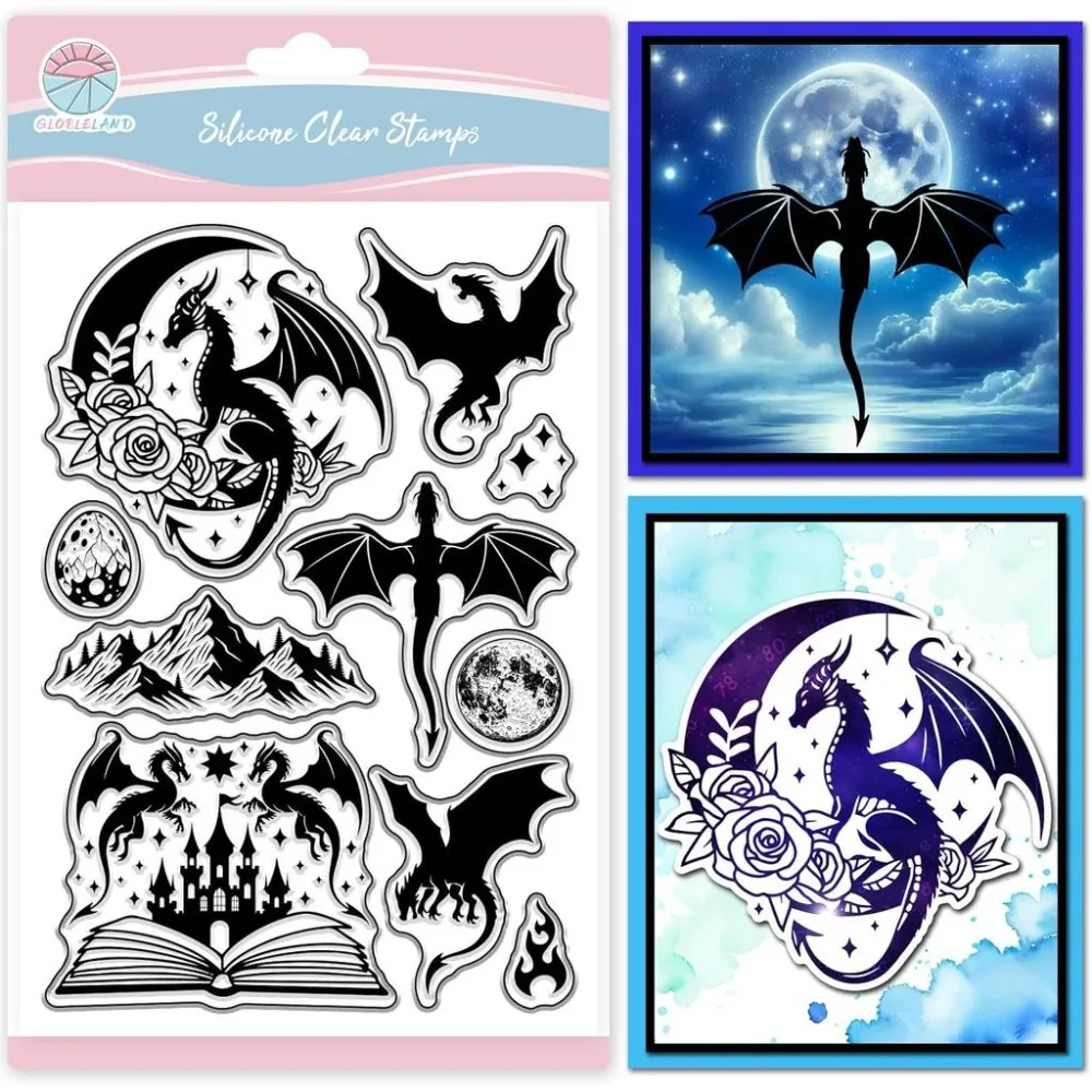 Sellos mágicos con silueta de dragón para hacer tarjetas, sellos transparentes con diseño de rosas y lunas, sellos mágicos para álbumes de recortes DIY