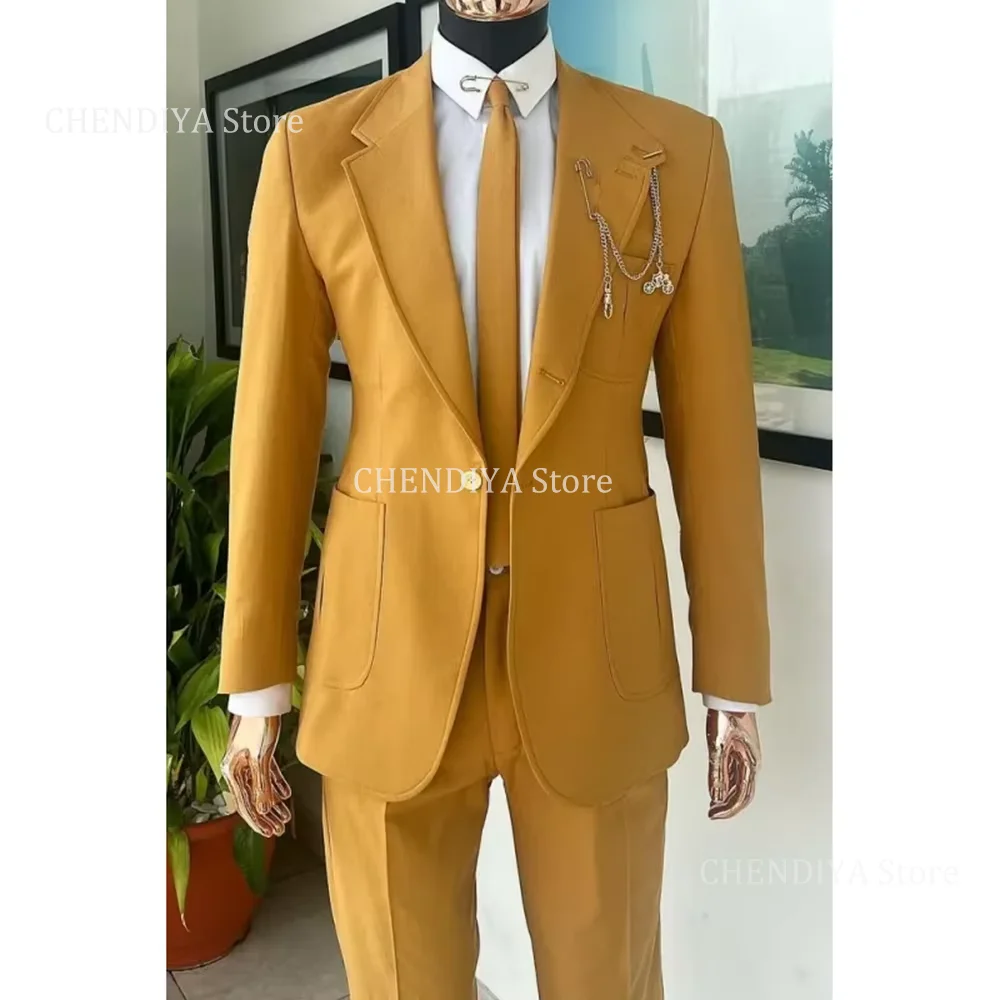 

Yellow Men Suits Slim Fashion Notch Lapel Single Button Outfits 2 Piece Business Casual Daily Office Work Male Suit Jacket Pants