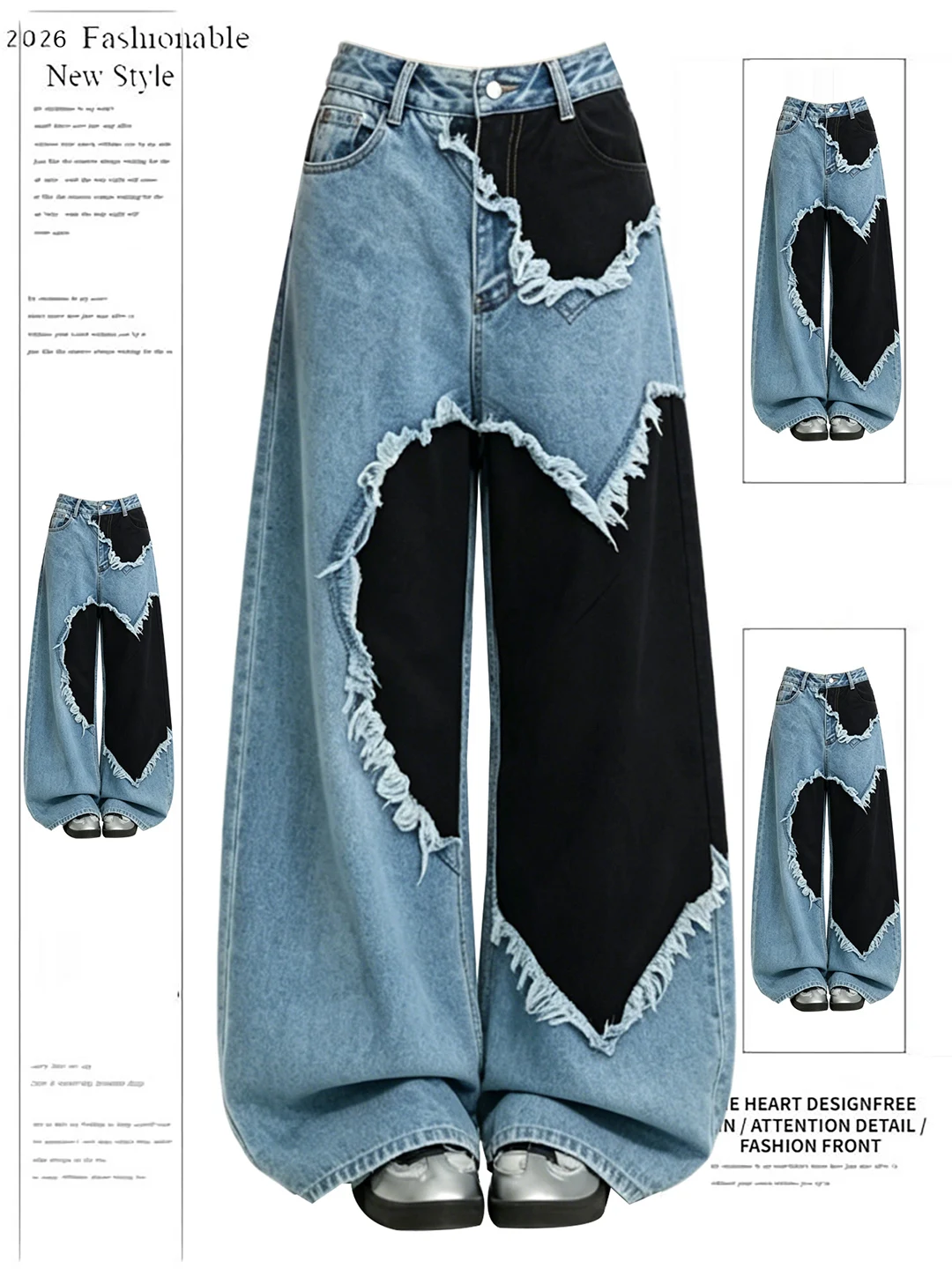 

Love Heart Wide Leg Jeans Women Summer New Design Loose Straight Cut Denim Pants Casual High Waist Patchwork Blue Jeans