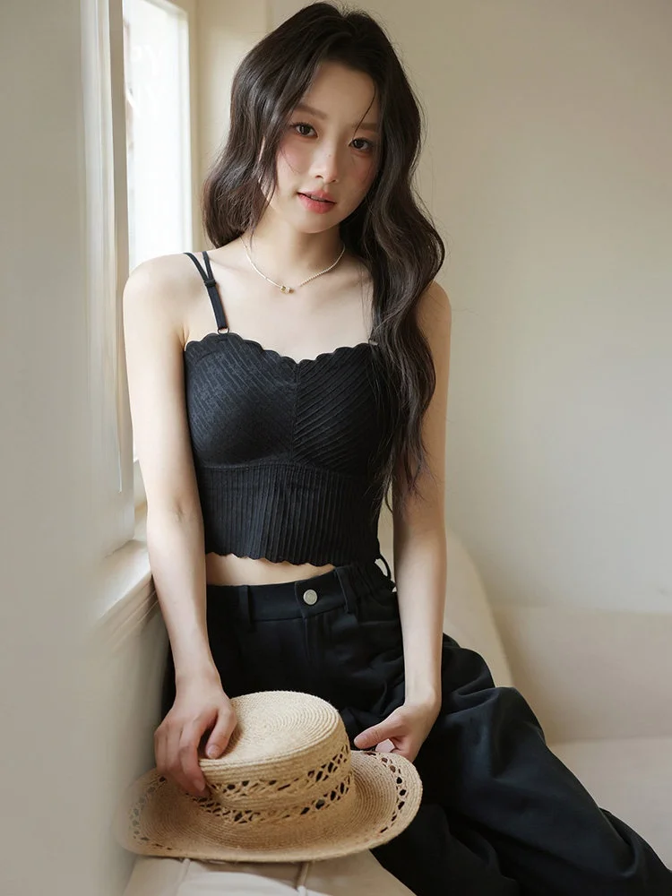 

Summer Lace Crop Top Women's Slimming Inner Wear Sexy Ba Outerwear Wave Detail Versatile Sle Nylon Spandex Blend