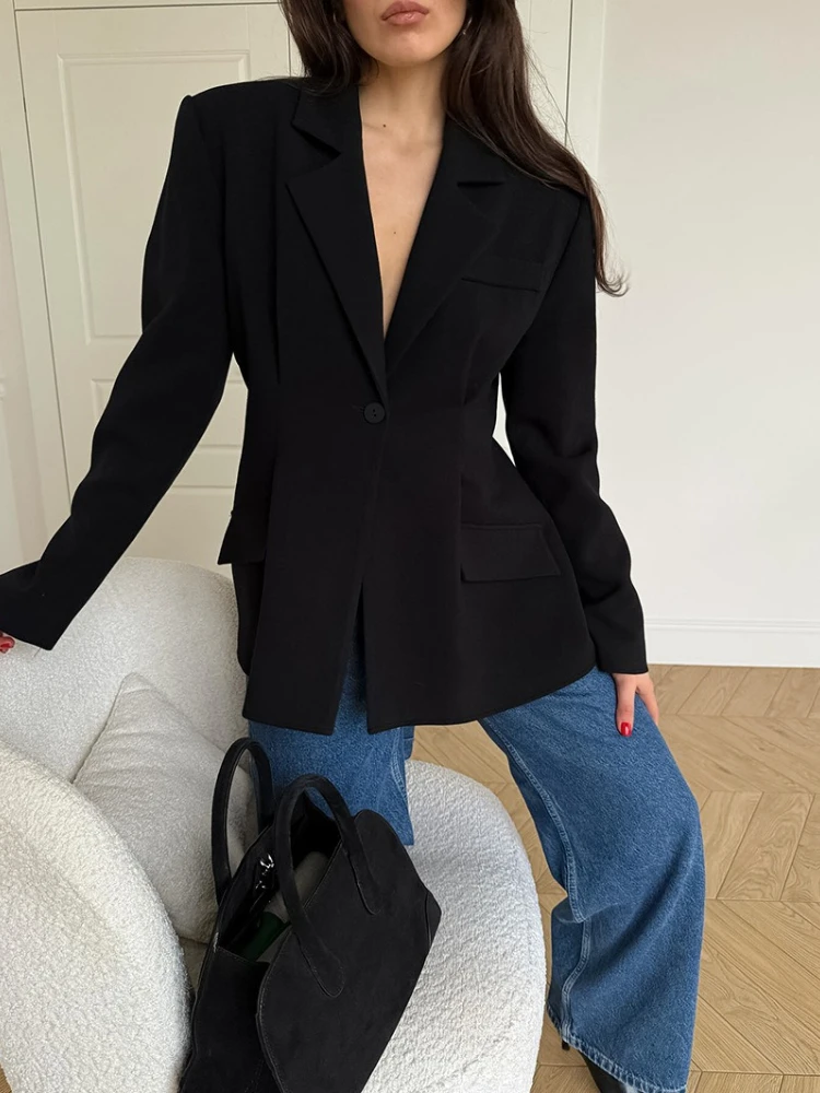 

Onecozyday Women's Vintage Commuter Blazer Solid Black V-neck Long Sleeves Loose Fit Coat 2025 Casual Outerwear for Ladies