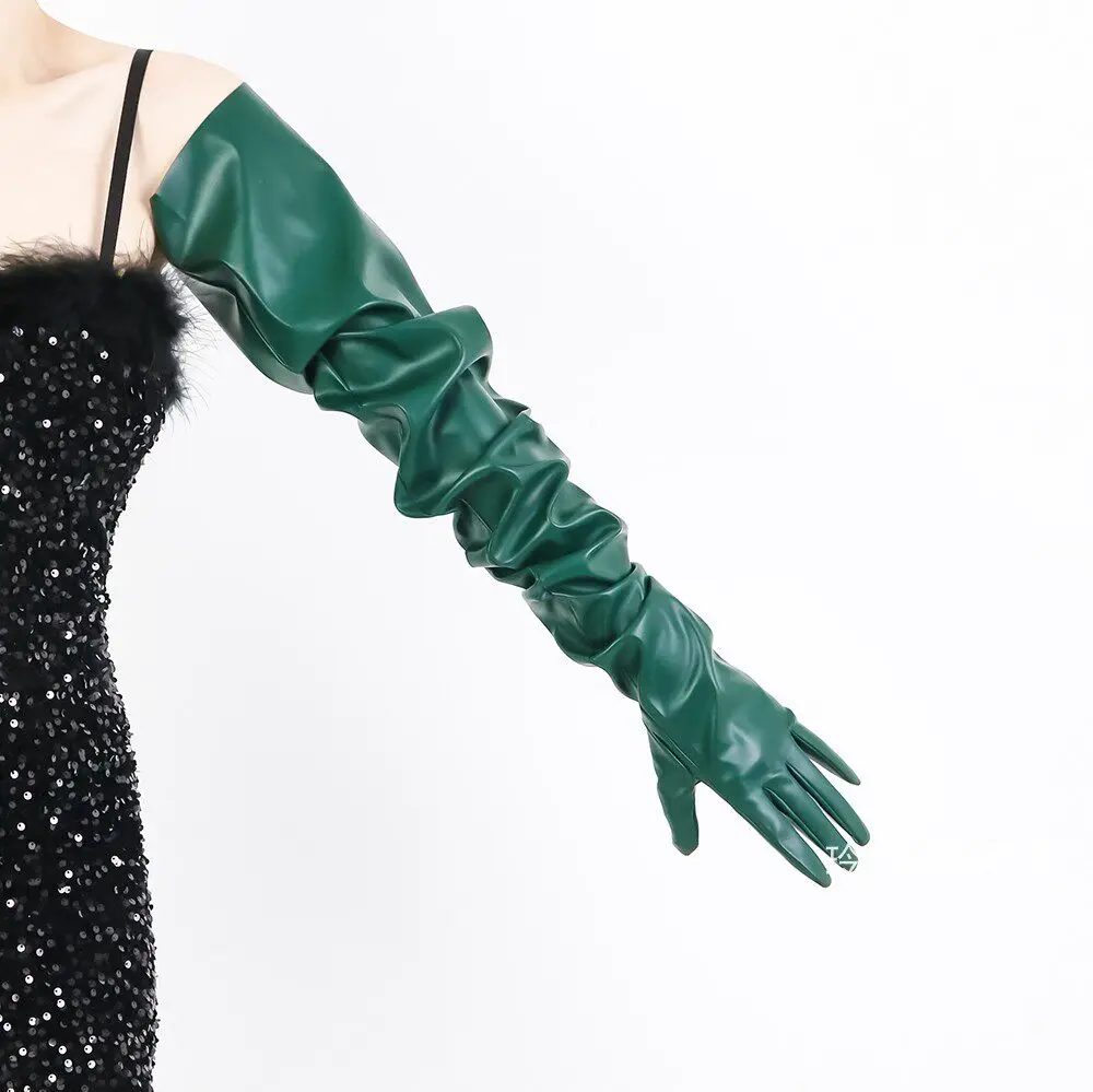 35 Zoll (90 cm) EXTRA LANGE HANDSCHUHE aus Kunstleder PU, schwarz, locker sitzend, Unisex, mit weitem Ärmel, im Neon-Fluoreszenz-Stil, in Fluoreszierendem Limettengrün – Detail 17