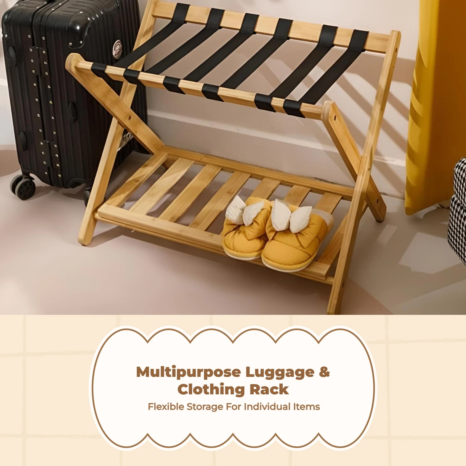 Foldable Wooden Luggage Rack Bedroom Storage Shelf  Floor Standing Hotel Suitcase Stand with Shoes Shelf for Hotel Travel Home