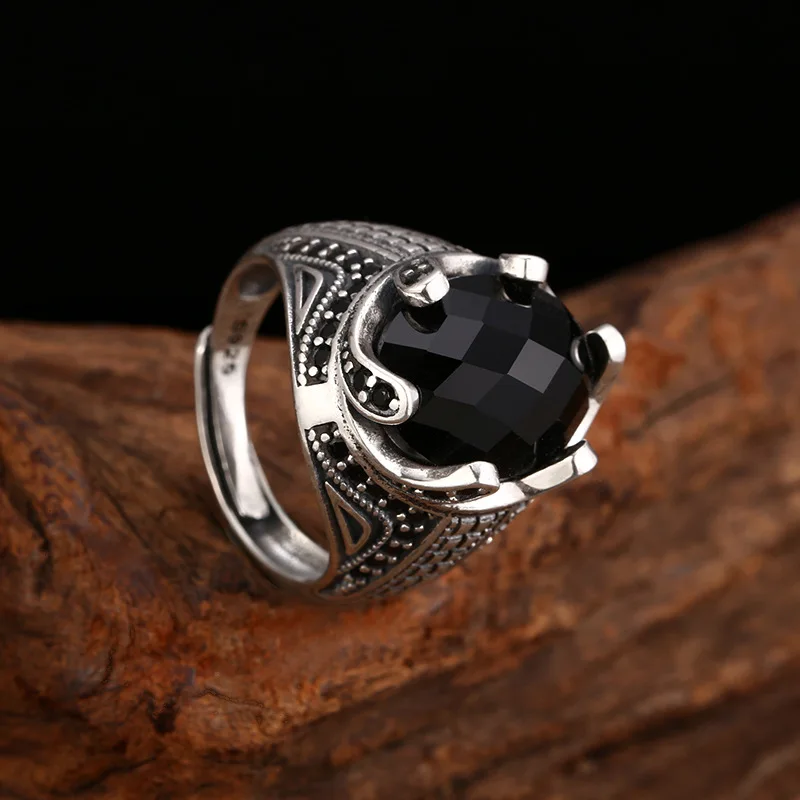 S925 Sterling Silver Black Zircon Adjustable Ring Crown Punk Style Old Process Free Size Women Fine Jewelry FYRNG167