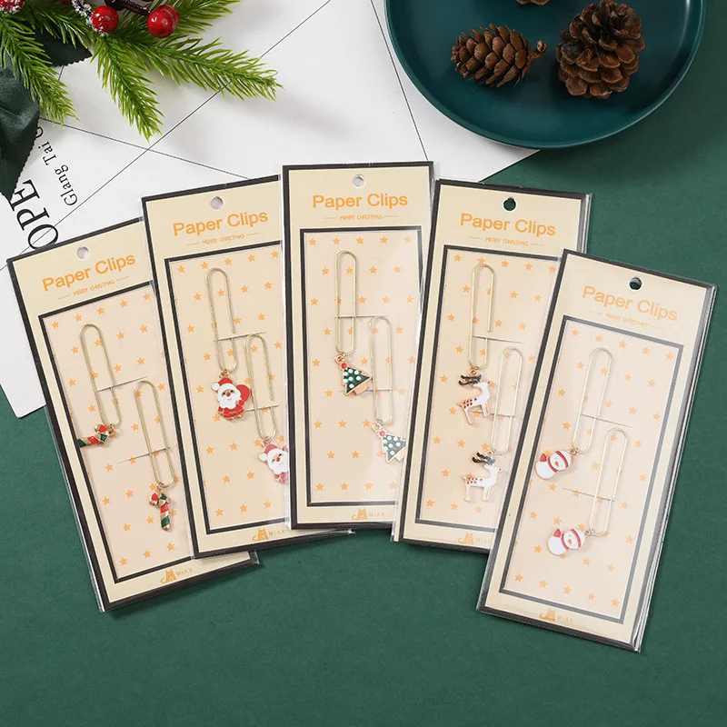 Creative Golden Paper Clip Santa Claus Bookmark Elk Bell Alloy Paperclip Cartoon Christmas Tree Set Kawaii Student Stationery