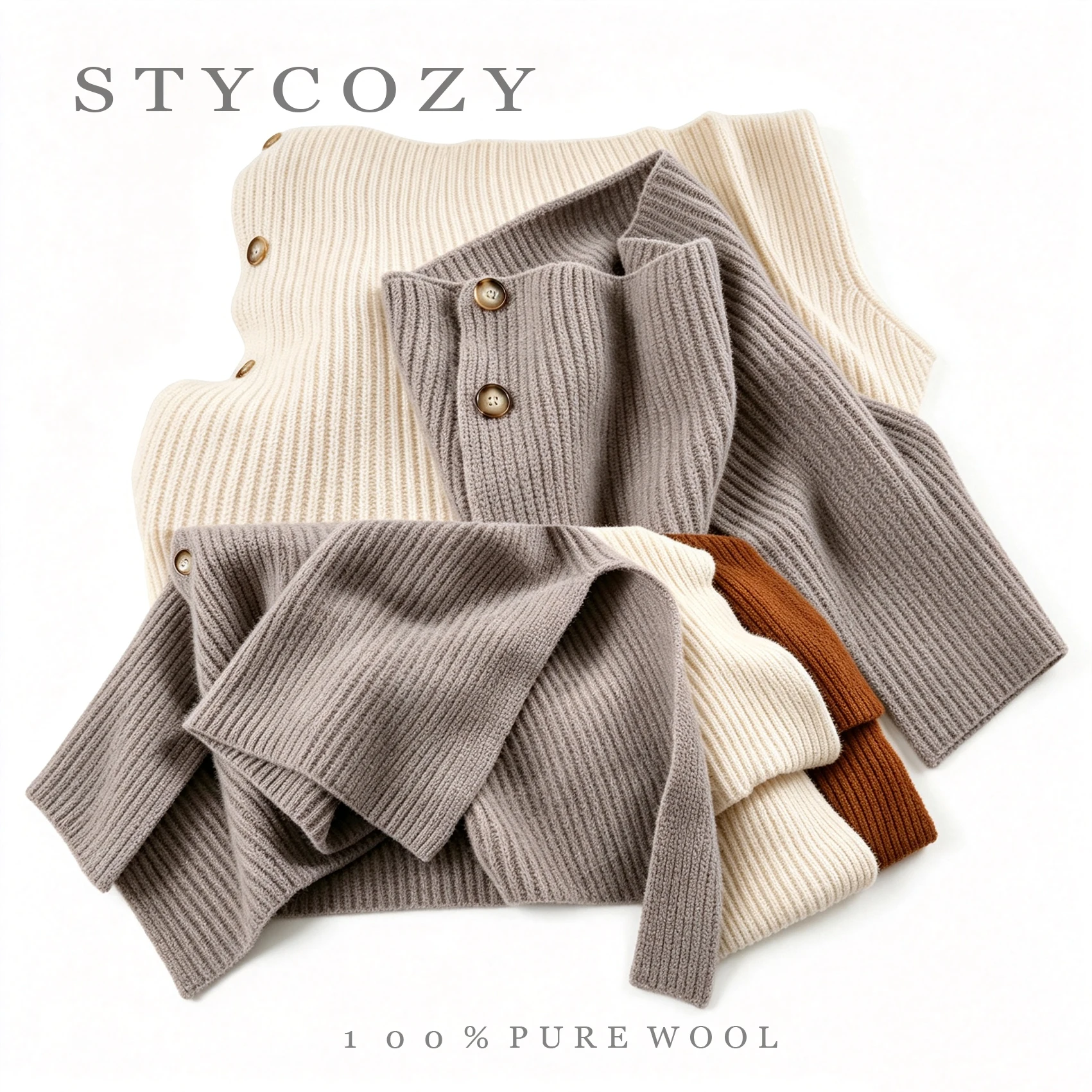 100% Wool Solid Color Buttoned High-Neck Split Poncho Pullover For Women Thick Knit Warm Shawl Versatile Scarf For Fall&Winter