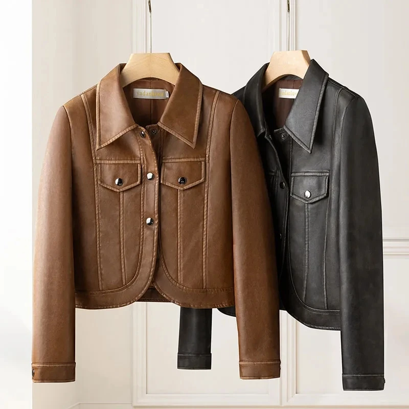 2025 새로운 봄 가을 옷깃 패션 기질 오토바이 가죽 자켓 탑 여성 짧은 슬림 PU 가죽 자켓 코트