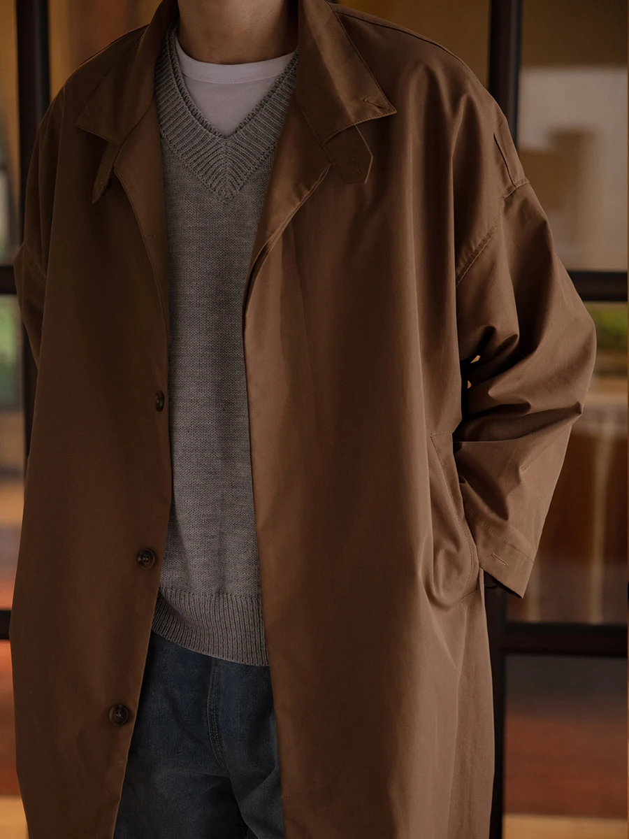 

Noears Retro Japanese Style Loose Fit Thin Mid-Length Over-Knee Brown Collarless Men's Trench Coat Trendy Youth Polyester Coat