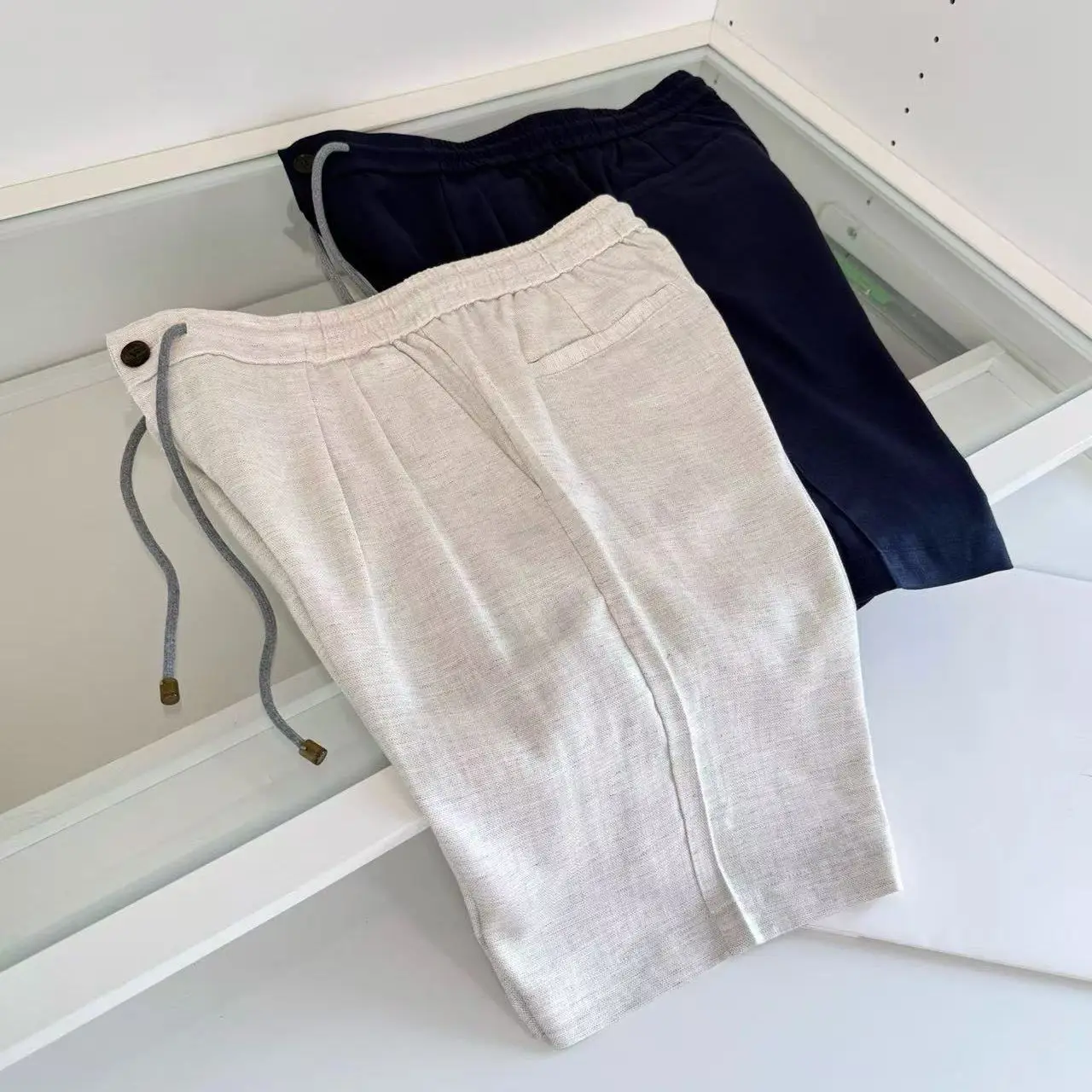 Italian gentleman linen elastic waist straight slacks men's five-point shorts