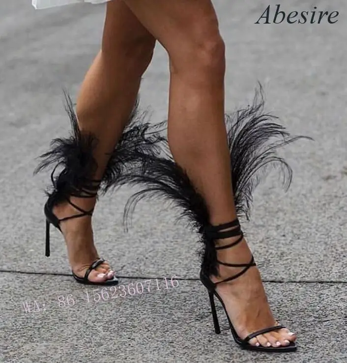 

Fashion Brand Sexy Banquet Catwalk Ostrich Feather Strap Stiletto Sandals Plus Size Women's Sandals