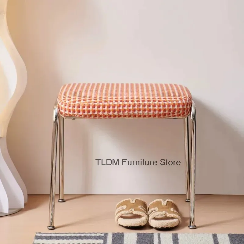 Checkered Upholstered Cushion Stool, Curved Metal Tube Frame Square Padded Footrest Bench for Vanity Living Room Entryway Use