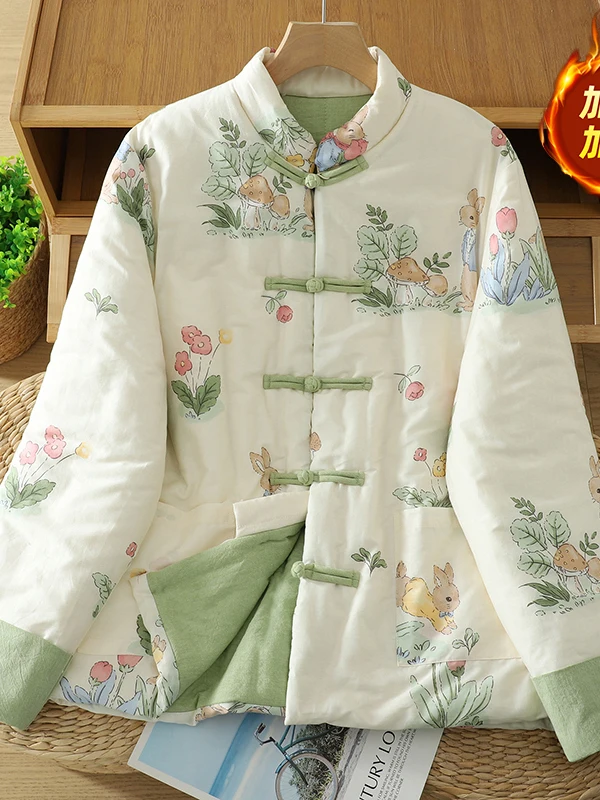 

Korean Sle Women's Cotton Jaet Floral Print Button up Winter Coat Loose Fit Casual Wear Thiened Inner Filling