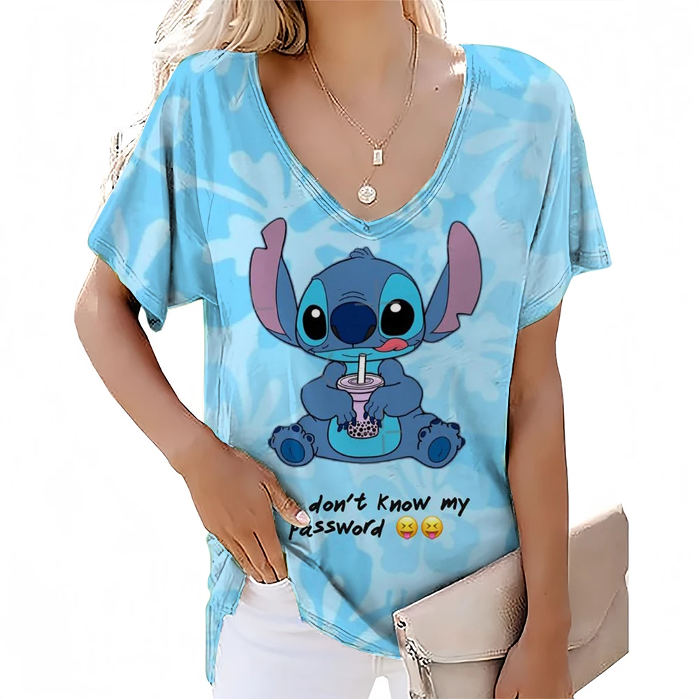 Disney Stitch print T-shirt For Women Summer Girls Clothes Tees Female Harajuku Sweatshirt Blouse V-neck Oversized Short Sleeve