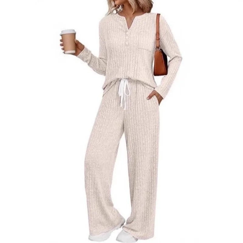 

Women's Ribbed Knit Loungewear Set: Henley V-Neck Top Drawstring Wide Leg Pants
