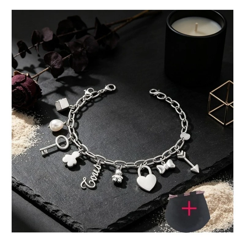 Silver Multi Charms Chain Bracelet Bear Heart Lock Key Bow Pearl Dice Arrow Pendant Adjustable Link Wrist Jewelry Gift For Women Girls