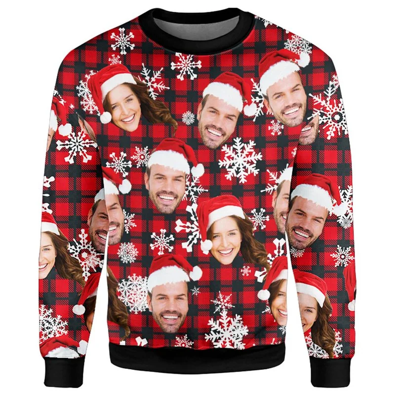 2027 Custom Face Photo Holiday Sweaters for Men Women Ugly Christmas Sweater with Personal Photos and Festive All Over Prints