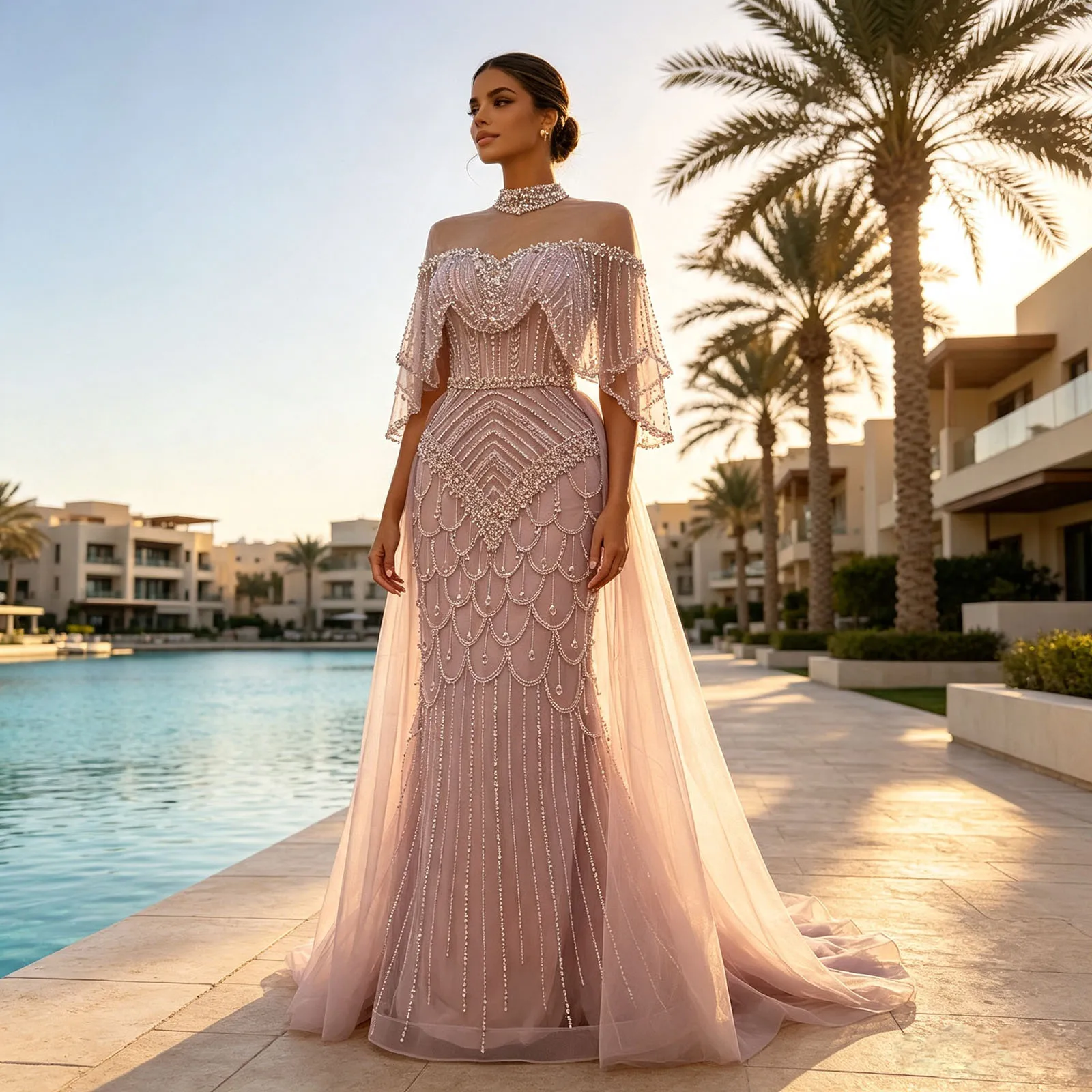 Eshault&bridal Luxuriöses Perlen-Meerjungfrauenkleid mit Cape Dubai Muslimisches Tüll-Overlay Formelles Abendkleid für Damen Maßanfertigung
