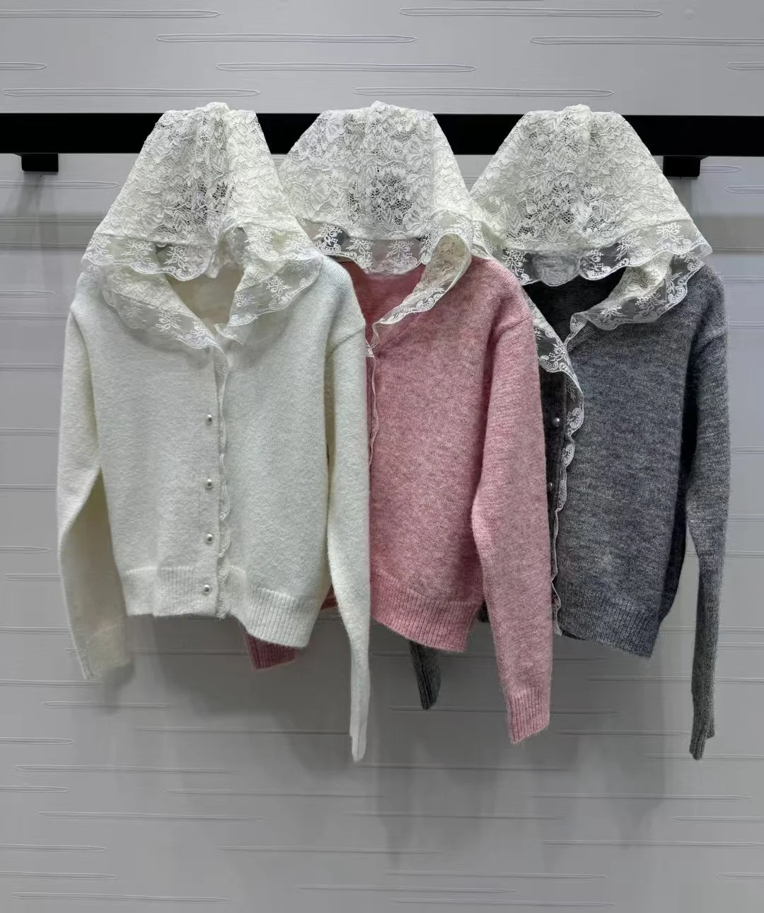 High end customized women's lace patchwork hooded knitted cardigan