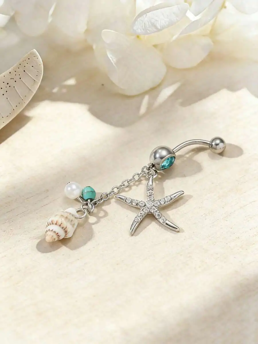 

Silver-Tone Starfish Navel Ring With Seashell, Pearl, And Turquoise Bead For Casual Or Coastal Wear