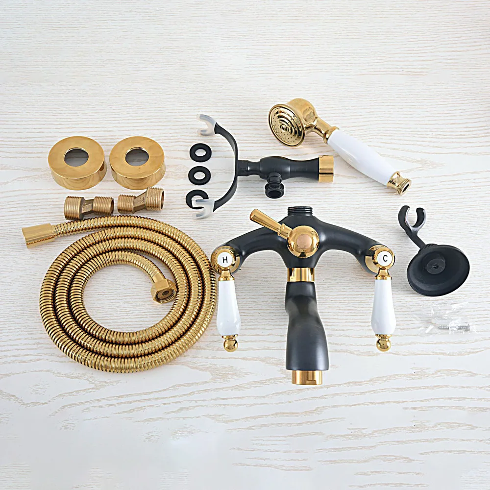 Black Oil Rubbed & Gold Brass 2 Handle Wall Mount Bathroom Bath Tub Faucet Set with 1.5M Hand Held Shower Spray Mixer Tap 2na544