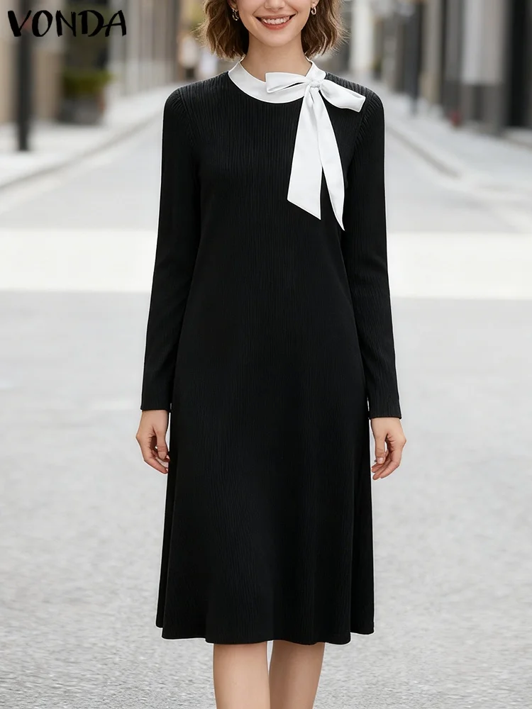 VONDA Women Elegant Party Dresses O-Neck Bow Knitted Sweater Vestidos 2025 Autumn Patchwork Long Sleeve Knitwear Long Shirt Robe