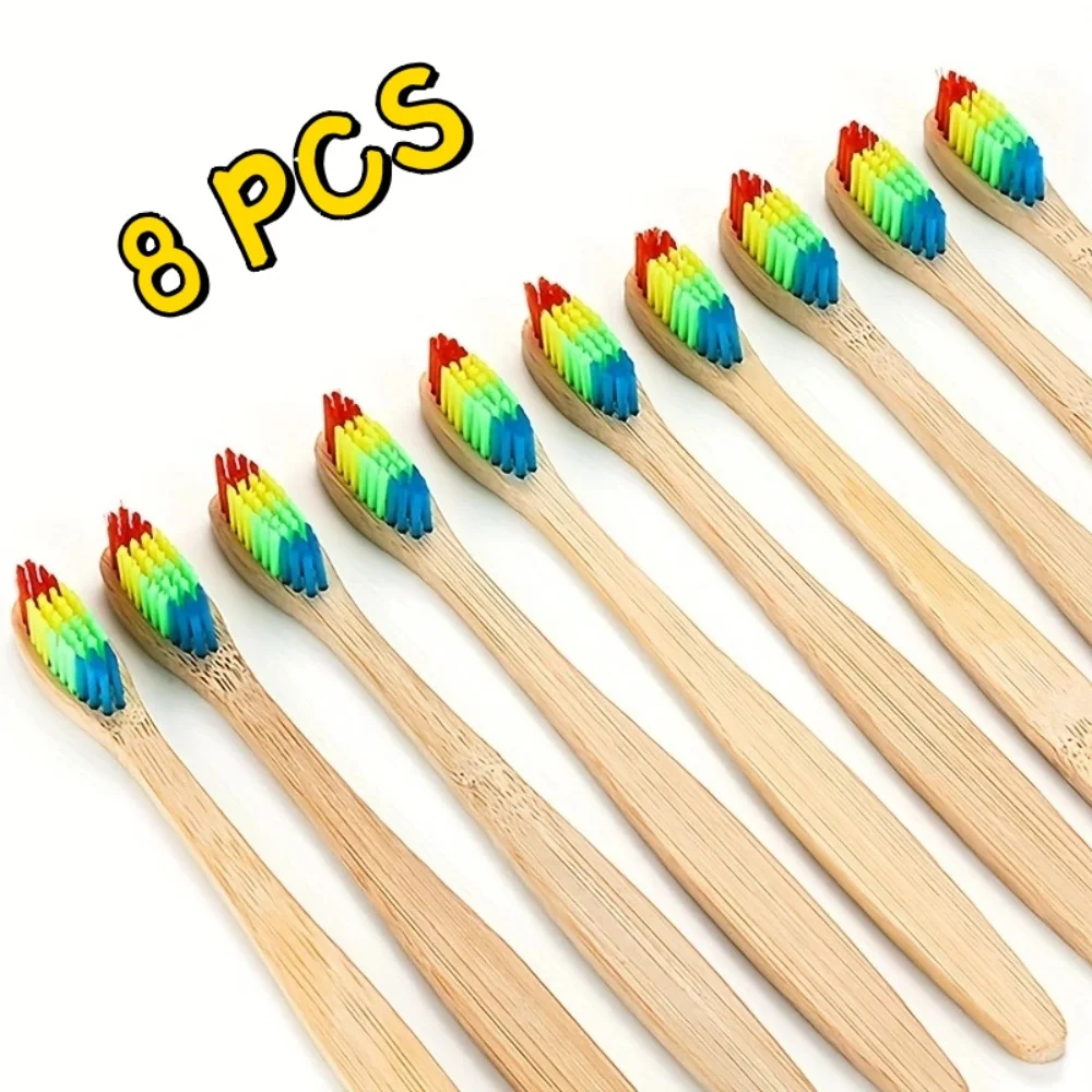 8 Portable Rainbow-Colored Bamboo Toothbrushes for Home Use, Hotel Disposable Toothbrushes, Adult Soft-Bristle Toothbrushes, Suitable for Travel and Business Trips
