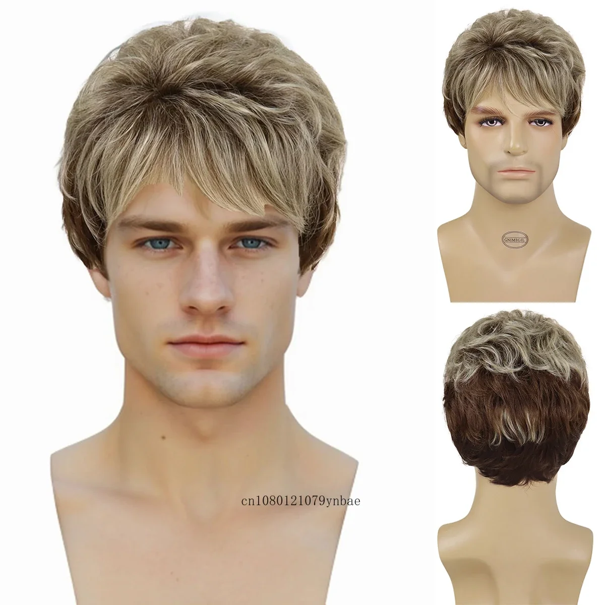 Short Haircuts for Men Synthetic Fiber Natural Wig with Bangs Blonde Ombre Brown Wig Costume Party Salon Rose Net Father Wigs