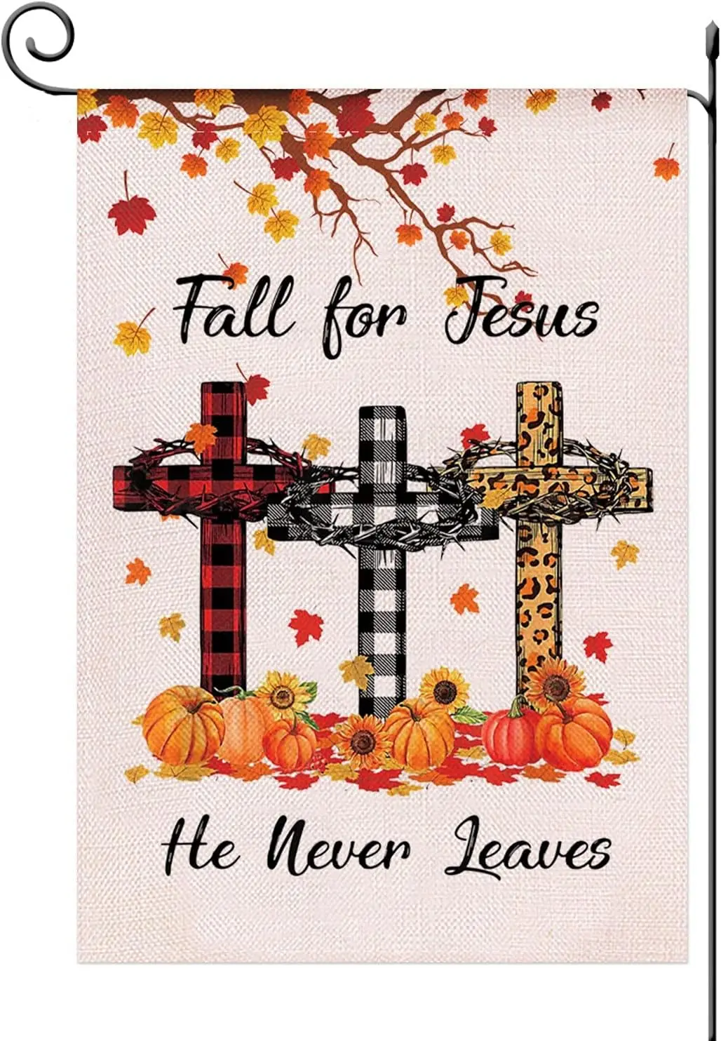 Fall For Jesus He Never leaves Garden Flag Vertical Double Sided, Pumpkin Maple Leaf Bible Buffalo Autumn Harvest Thanksgiving H