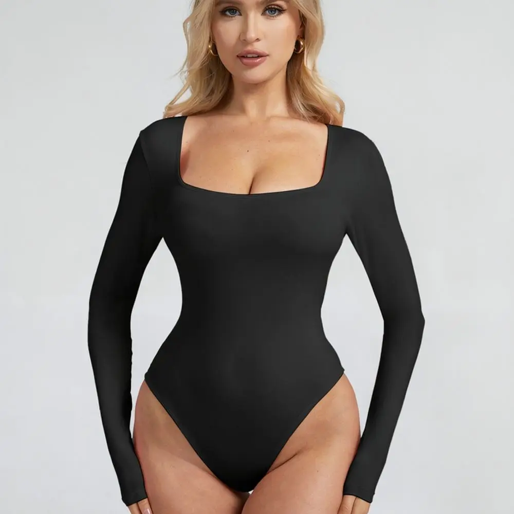Square Neck Yoga Bodysuit Women Long Sleeve Jumpsuit Sportswear Fitness Romper Tight Athletic Gym Workout Training Wear