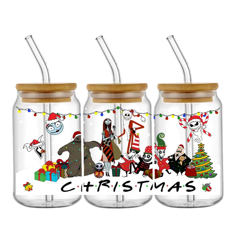 Chirstmas Nightmare Stickers Jack Sally Waterproof UV DTF Cup Mug Wraps Sticker DIY 3D Wrap Decal For 16oz Libbey Glass