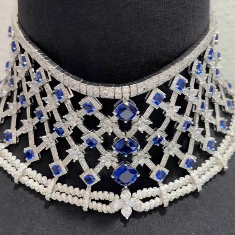 Bellux 925 Silver Synthetic Zircon Heavy Craft Choker Hollow Out Design Blue and White Gemstone Luxury Charm Jewelry Necklace