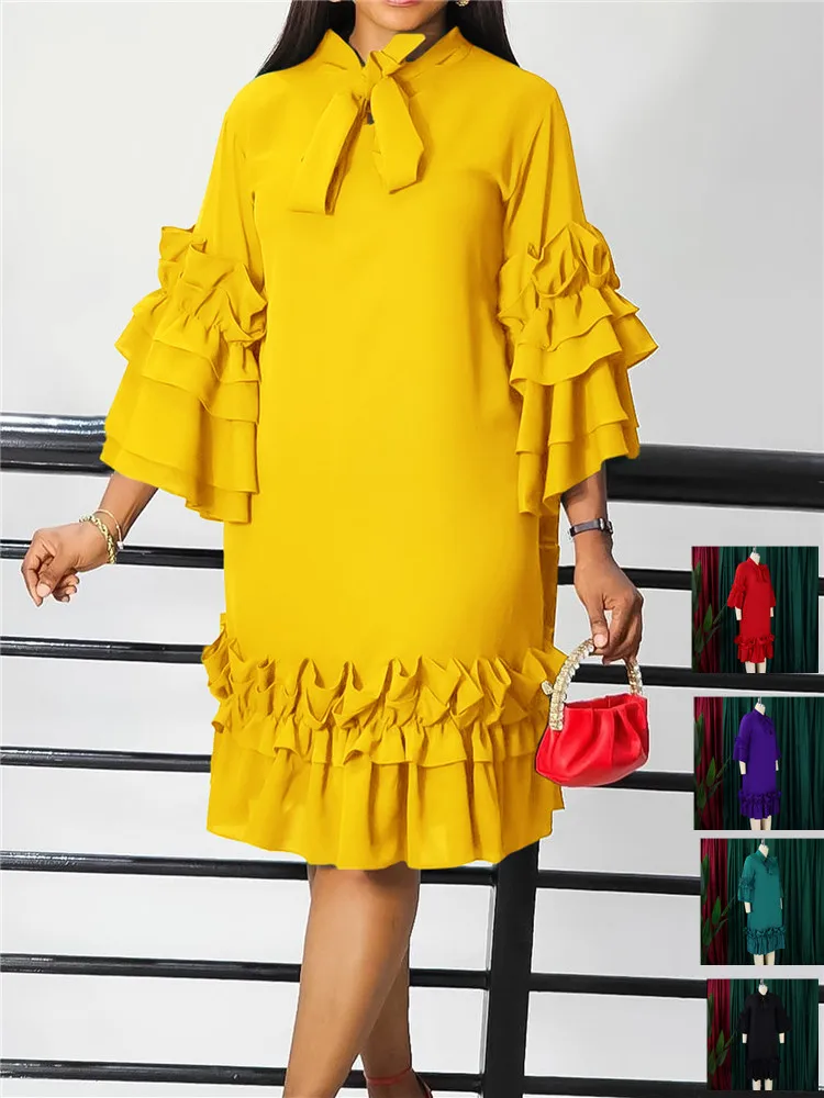 

2025 New Luxury Ruffled Dress for Women Spring Summer Flared Sleeve Dresses Yellow Plus Szie Outits Vintage Streetwear Fashion