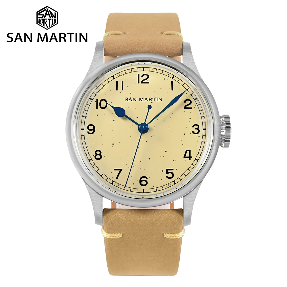 San martin 38.5mm relógio mecânico masculino nh35 piloto vintage simples moda relógio de pulso cozido verniz azul mãos 10 barra relógio