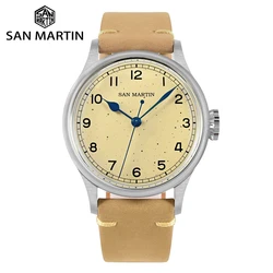 San Martin 남성용 기계식 시계, NH35 빈티지 파일럿 심플 패션 손목시계, 구운 바니시 블루 핸즈, 10 바 시계, 38.5mm