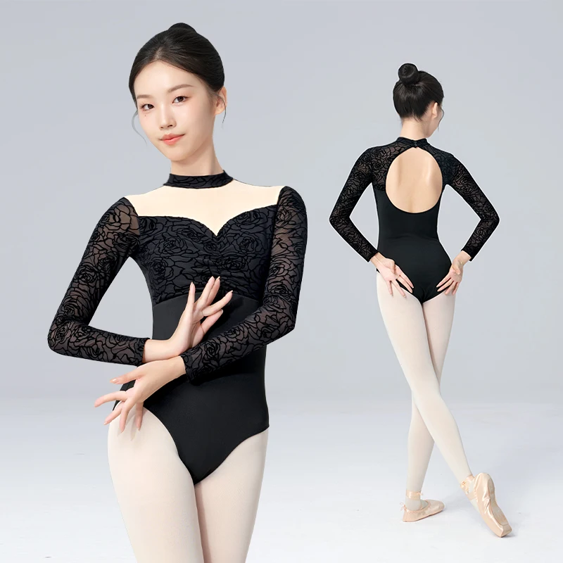 Ballet Leotards for Women Adult Black Lace Gymnastics Leotards Nylon Aerialist Yoga Practice Bodysuits Long Sleeve Dance Leotard