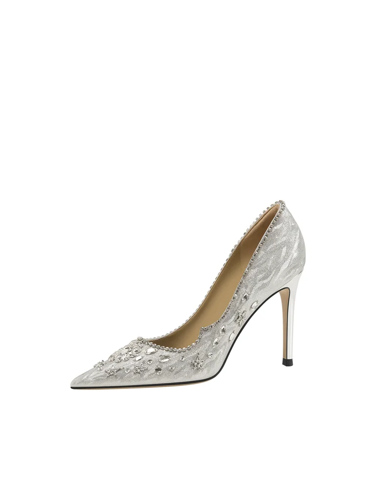 Spring new pointed rhinestone sequin wedding shoes banquet big size small size widened version slim high-heeled women's shoes