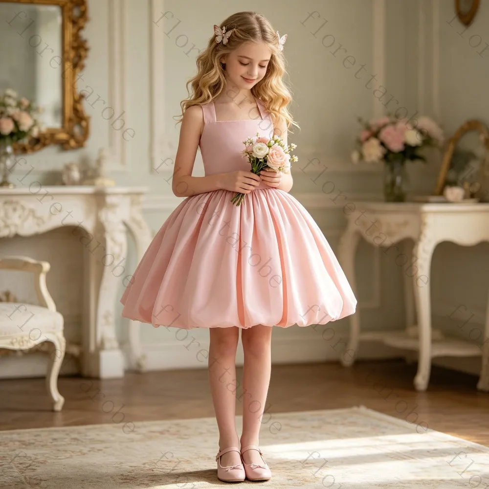 Customized Satin Flower Girl Dress with Halter Neck Bow Back Sleeveless A-Line Gown for Wedding Birthday Pageant Performance