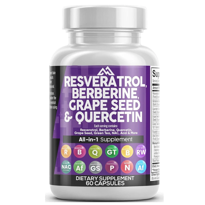 Resveratrol grape seed extract,Quercetin green tea extract,N-acetylcysteine, Acai berry extract  60 capsules vegetarian capsules