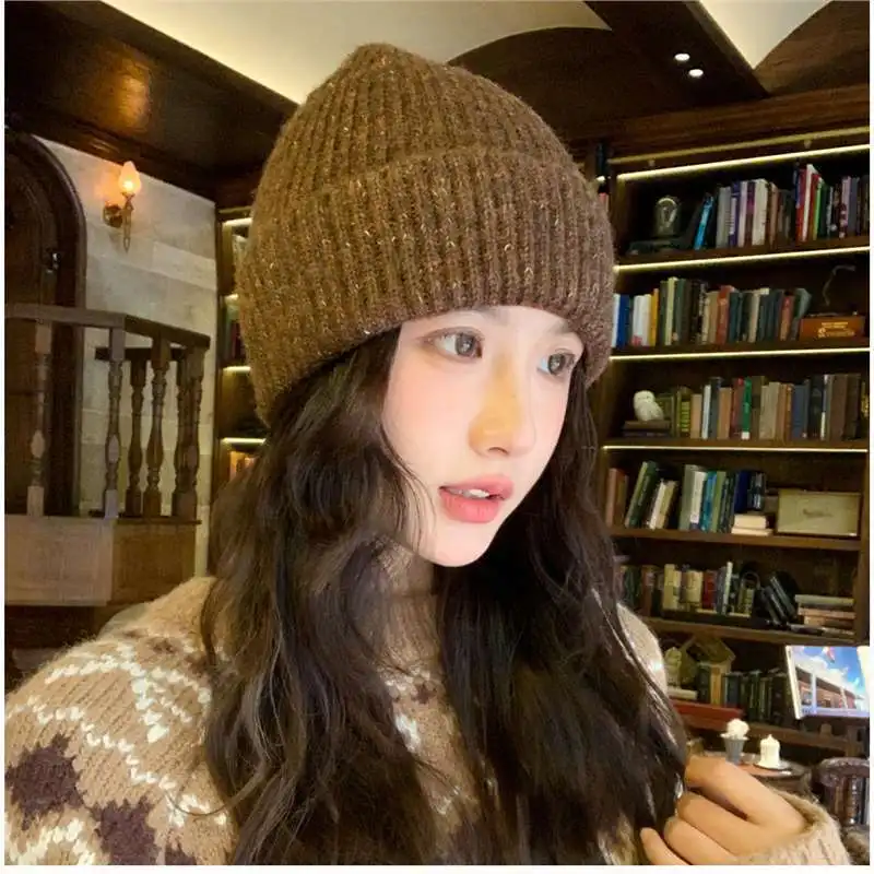 New Colored Thread Knitted Beanie Cap Women Fashion Trend Niche Warm Ear Protection Autumn Winter Atmosphere Wool Cold Hat