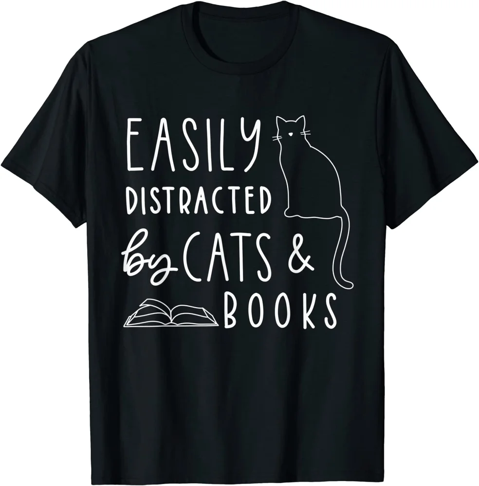 Easily-Distracted Cats And Books Funny Cat Lovers Gift Unisex T-Shirt S-5XL