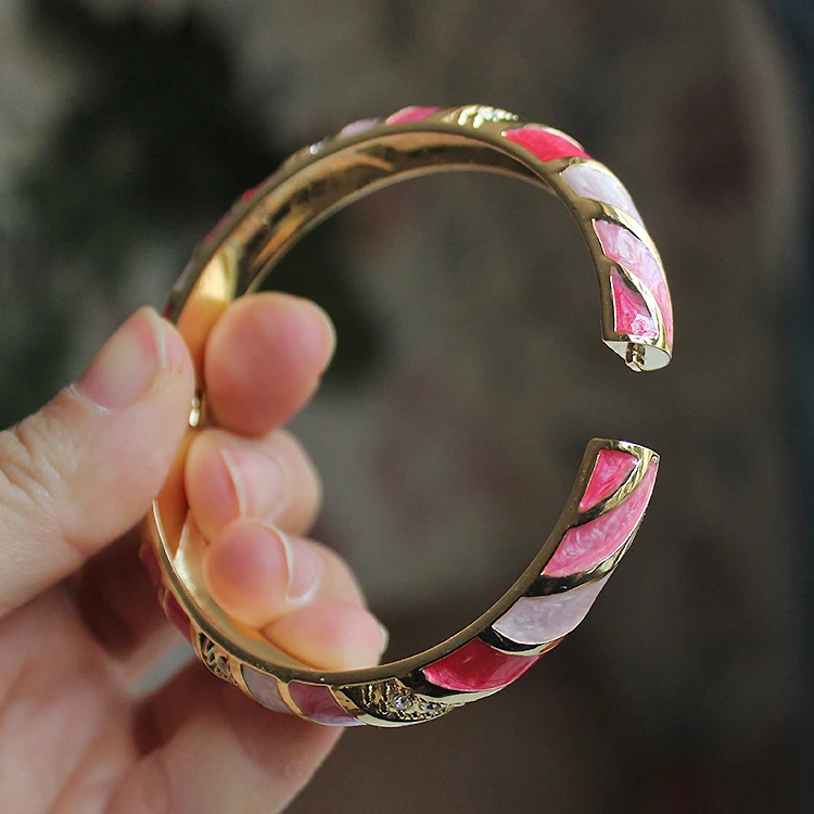 Colorful Enamel Stripe Women Rhinestone Bangles Jewelry Cloisonne Spring Hinged Cuff Bracelets Chinese intangible cultural