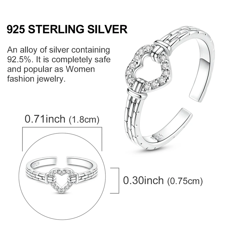925 Sterling Silver Adjustable Size Rings Twisted Chain Zircon Heart Open Rings For Women Jewelry Gift