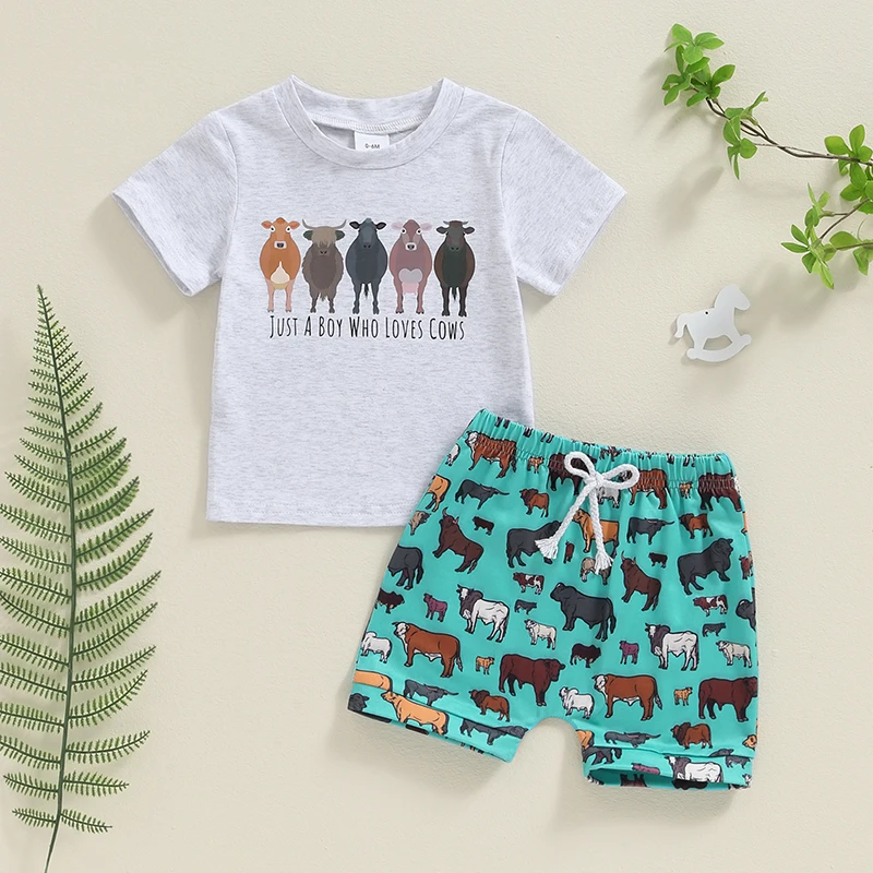 2Pcs Baby Boy Western Outfits Short Sleeve Cow Print Tops Shorts Set Toddler Summer Clothes