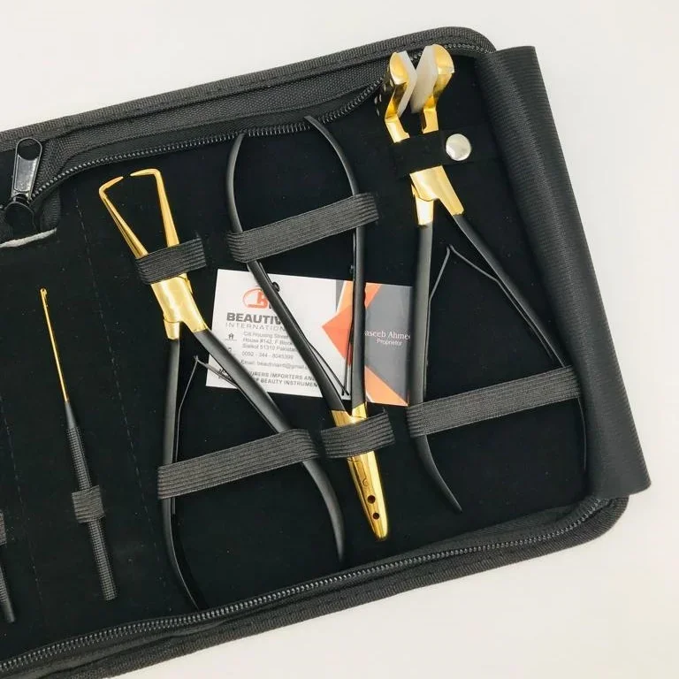 Black Gold Stainless Steel Custom Logo Professional Hair Extension Pliers Tools Kit Set With Tape In Press Plier