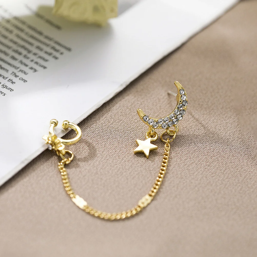 

Star Moon Ear Clip Rhinestone Dangle Chain Non Piercing Ear Hook Elegant Women Earrings Gift for Birthday Club